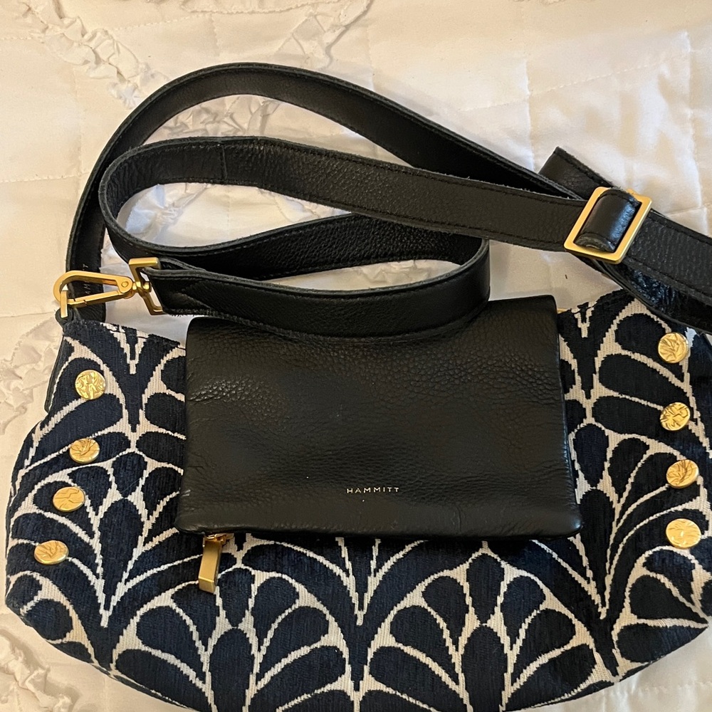 Hammitt Black Leather & Navy Patterned Crossbody with Gold Accents